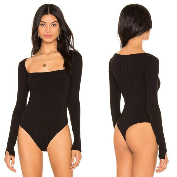 Free People Black Square Neck Ribbed Knit Bodysuit Revolve Size XS Beside Me Rib - Picture 2 of 14